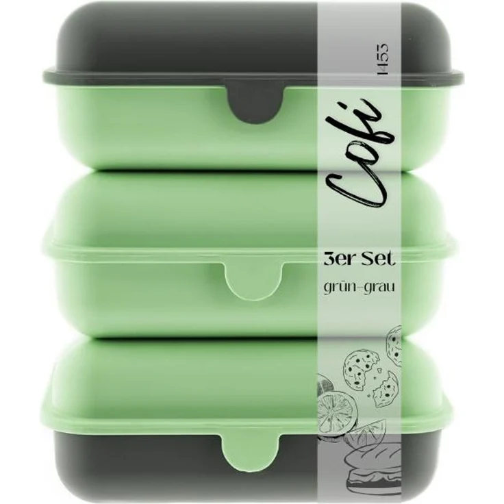 Cofi Brotdosen 3er-Set – Lunchbox / Frühstücksbox – BPA-frei, spülmaschinenfest, stapelbar, 1000 ml Grün-Grau – Bild 1