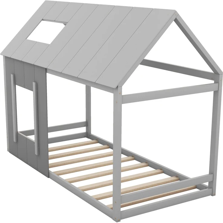 Kinderbett 90x200 cm in Hausform, Montessori Bett mit Dach und Fenster,offenes Design zum Dekorieren, Grau – Bild 7
