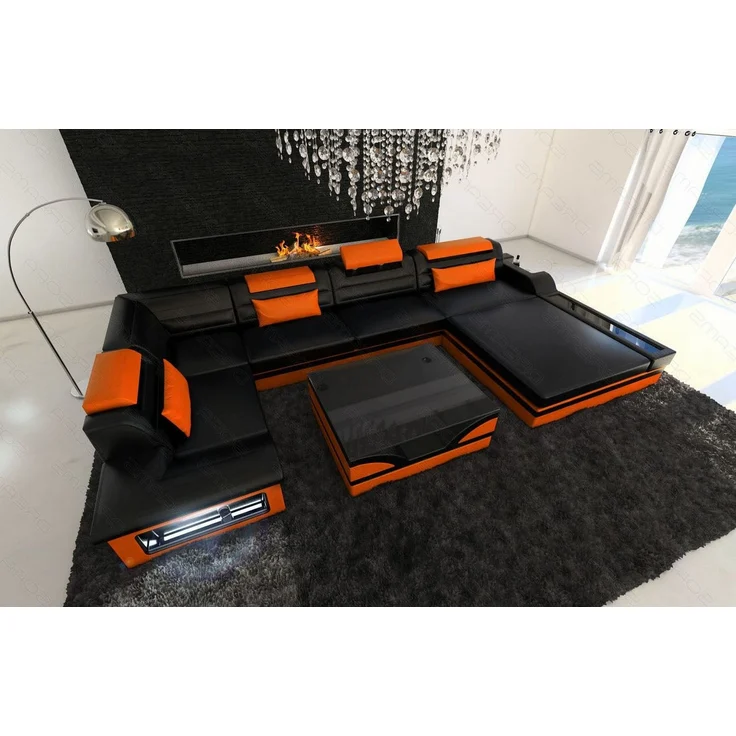 Sofa Dreams - Mini Luxus-Wohnlandschaft Mezzo mit LED-Beleuchtung - Ledermix - Schwarz-Orange - Rechts – Bild 5