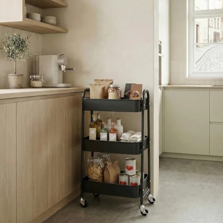 DOEWORKS Rollwagen Metall Aufbewahrungswagen Küchenwagen 3-Etagen, Servierwagen Organizer Wagen mit Rädern für Wohnzimmer Schlafzimmer Make-up Badezimmer Büro, Schwarz – Bild 4
