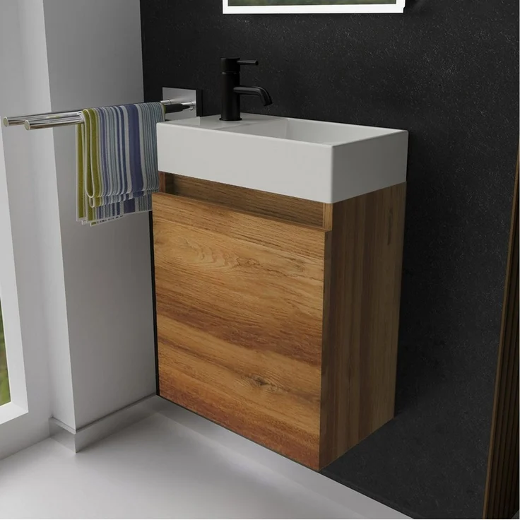 Alpenberger Badmöbel-Set Gäste WC Waschbecken mit Unterschrank - Badschrank Hängend, (Gäste WC Möbel Bamboo Farbe, Waschtisch mit Unterschrank Klein), Waschplätze für Kleine Bäder - Badschrank Hängend und Vormontiert – Bild 1