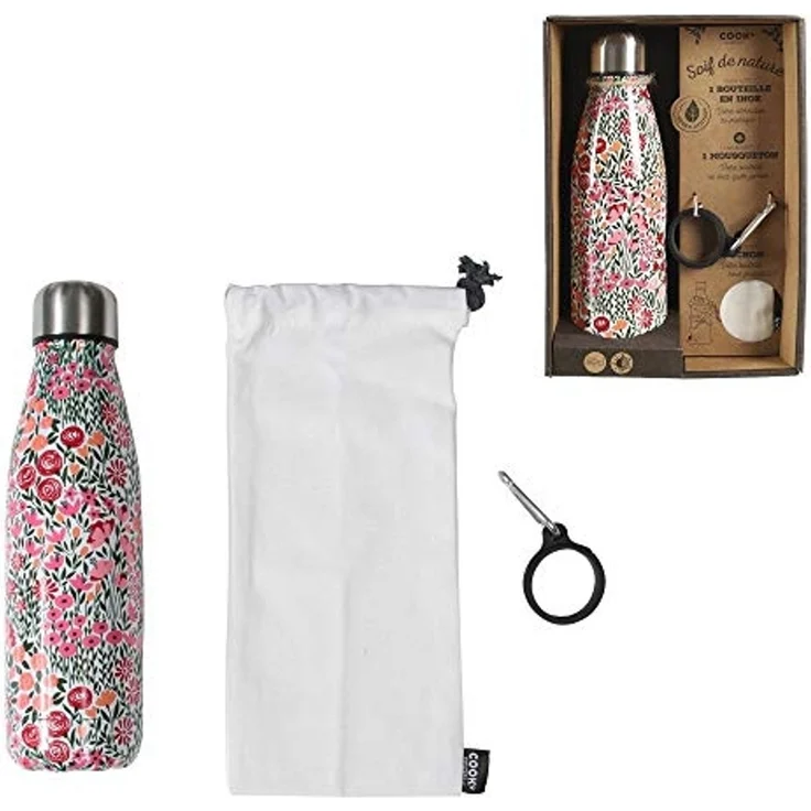 COOK CONCEPT - Ka4650 - Isolierflasche im Blumendesign - mit abnehmbarem Karabiner - Edelstahl - Warm/Kalt - Maße: 6,5 x 6,5 x 25,2 cm - Takeaway-Küche – Bild 3