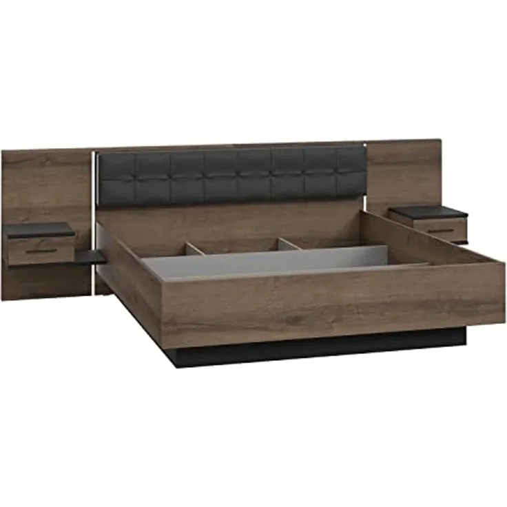 FORTE Bellevue Bettanlage mit inkludierten 2 Nachtkommoden, Holzwerkstoff, Schwarz Eiche/Schlammeiche, 208,7 x 304,6 x 96,5 cm