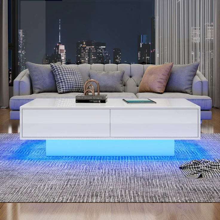 Merax Moderner Hochglanz Couchtisch in Weiß, 115 x 55 x 34 cm, mit 2 Schubladen, LED-Beleuchtung und 30 kg Tragkraft – Eleganter Wohnzimmertisch – Bild 3