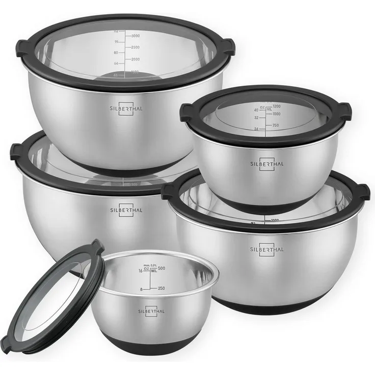 SILBERTHAL Rührschüssel Salatschüssel 5er Set, Edelstahl, (5-tlg), Rutschfest dank Silikonboden, mit integrierter Skala