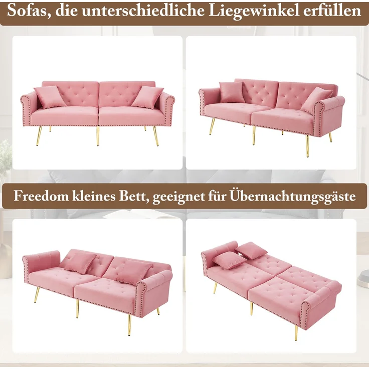 Schlafsofa in Rosa mit verstellbarer,vergoldete Metallfüße, 3 Stufen Rückenlehne, 2 flauschige Sofakissen, versteckter Stauraum – Bild 5