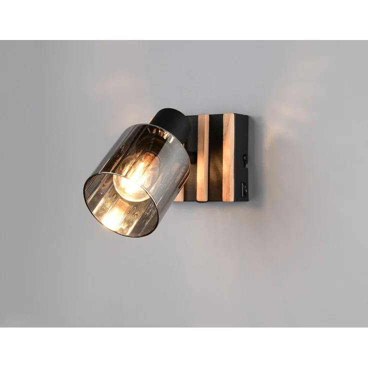 Wandstrahler TRAVIA mit Schalter, Rauchglas Schwarz & Holz, Breite 10cm – Bild 1