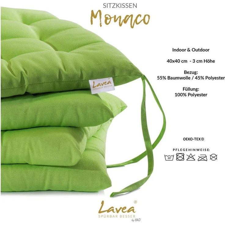 Lavea Stuhlkissen MONACO, Sitzkissen 4er Set – 40x40 cm, mit Stoffbändern, Outdoor & Indoor – Bild 2