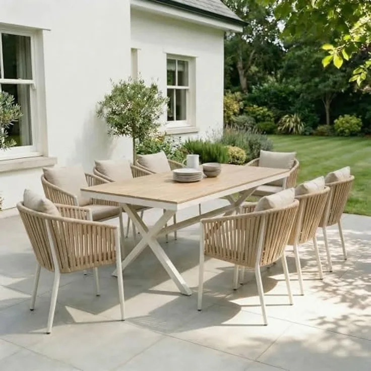 IDIMEX Garten-Essgruppe ISOLA, Gartenmöbelset mit 8 Stühlen und Tisch mit Alu & Holzoptik weiß