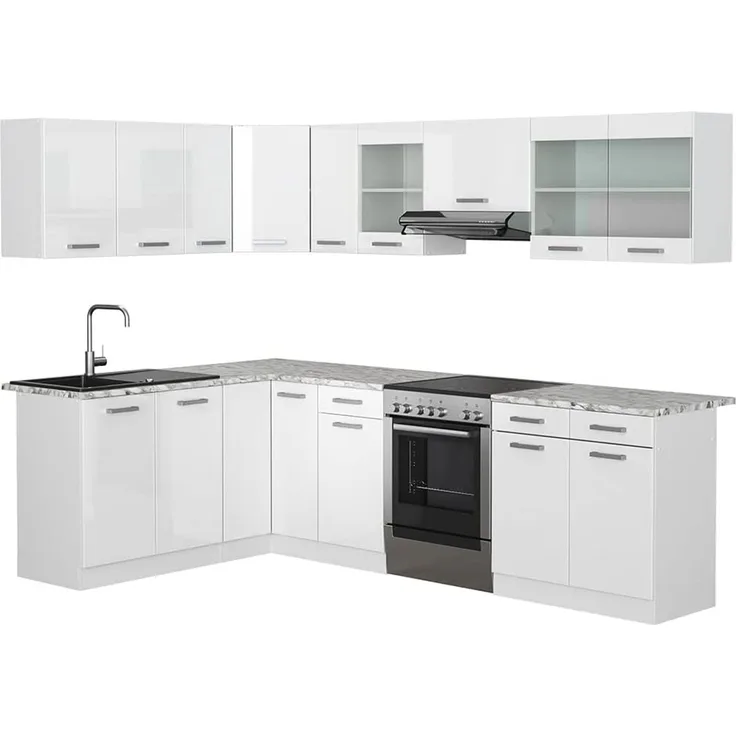 Eckküche Rick Weiß Hochglanz/Weiß 270 x 60 cm , AP Marmor Vicco