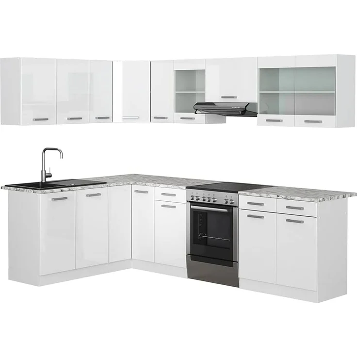 Eckküche Rick Weiß Hochglanz/Weiß 270 x 60 cm , AP Marmor Vicco