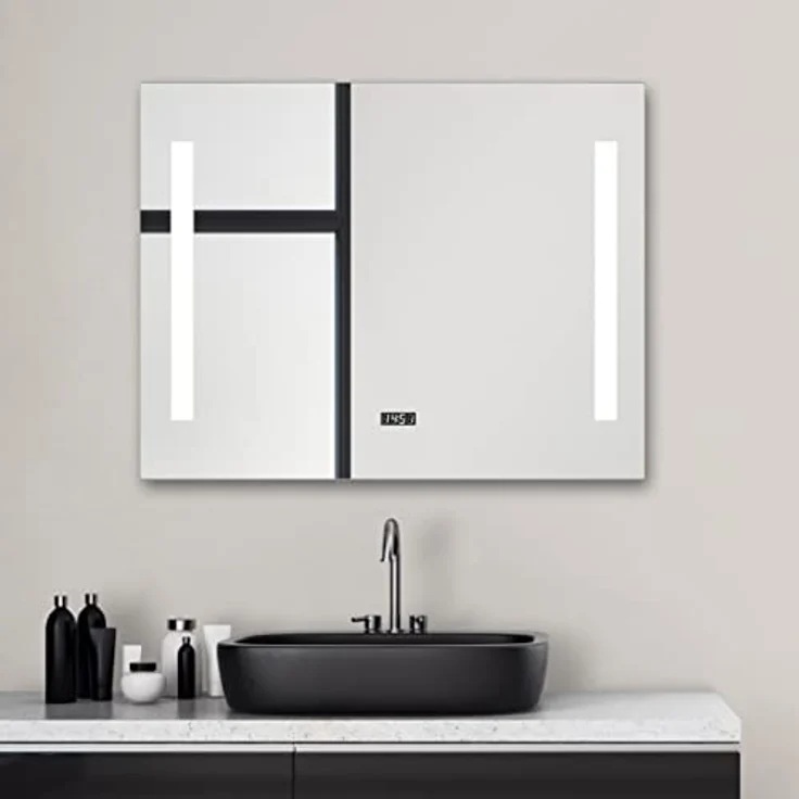 Talos Talos Star LED Badspiegel 80x60 cm, Wandspiegel mit neutralweißem LED-Licht, Digitaluhr und Kippschalter, beleuchtet, Aluminiumrahmen in gebürsteter Stahloptik – Bild 4