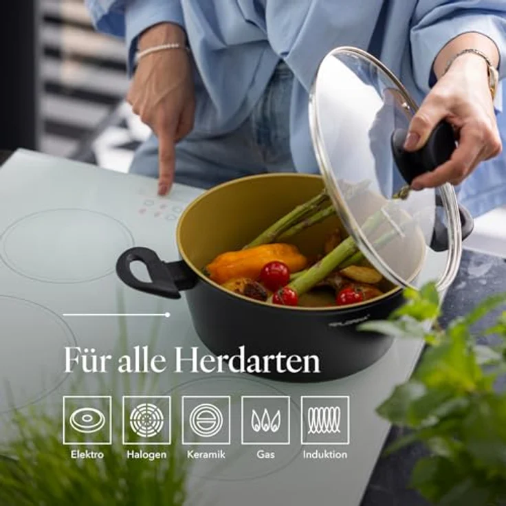 FLORINA AMVEGAN Aluminiumtopf 24 cm I 3,6L I Hohe Haltbarkeit I Glasdeckel I Olivenöl-Keramikbeschichtung I Einfaches Kochen & Spülen I Für alle Herdarten I Originales Design – Bild 5