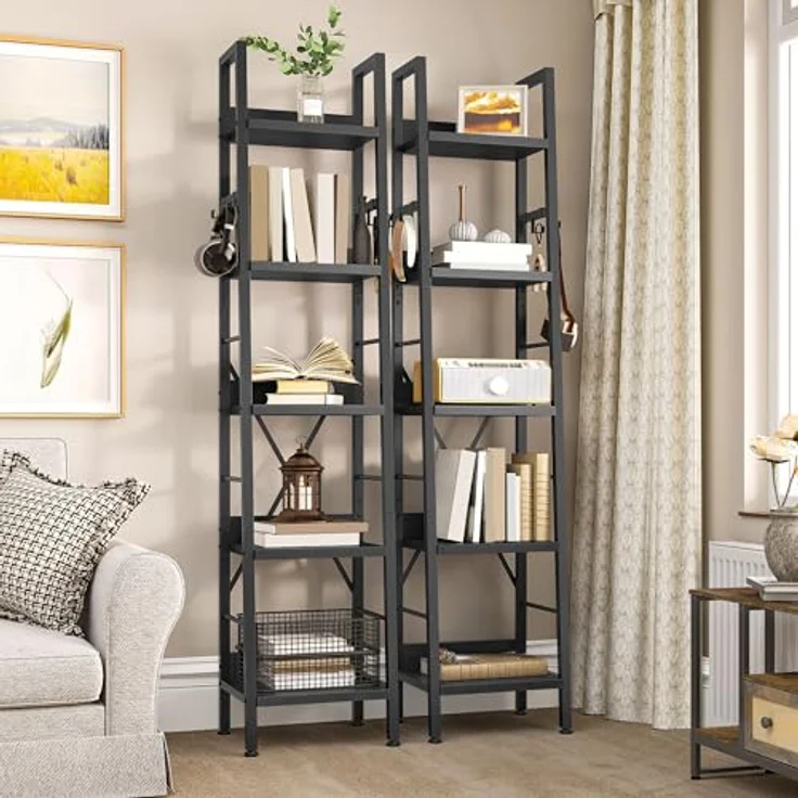 YITAHOME Bücherregal mit 5 Ebenen, hohes, schmales dünnes Holzregale und Metallrahmen, modernes Regal für Wohnzimmer, Flur, Büro, schwarzes – Bild 6