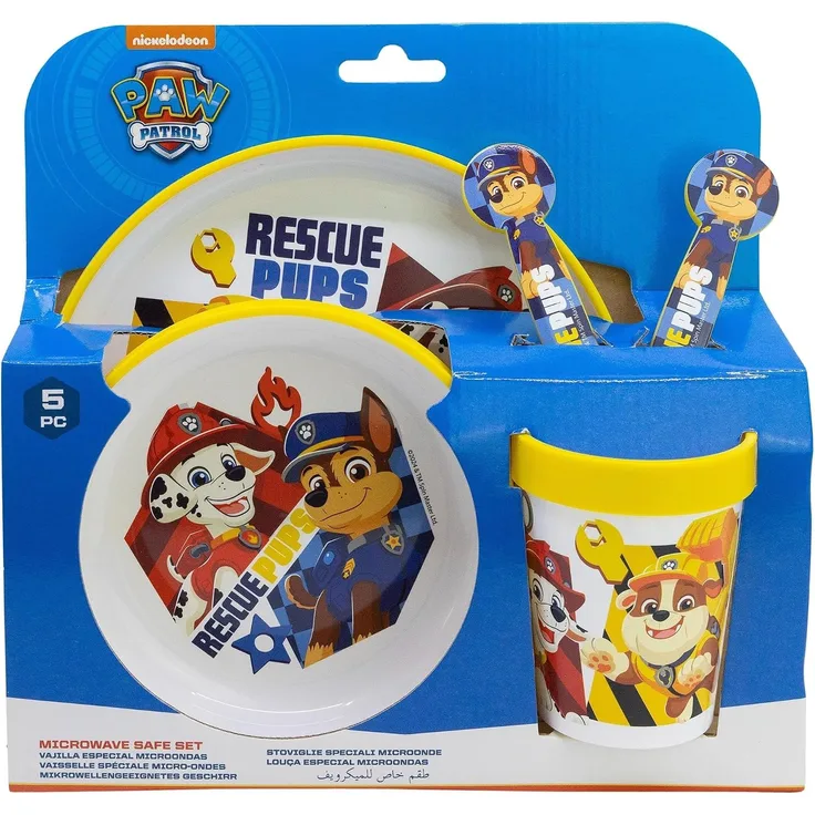 Paw Patrol Kindergeschirr Set 5-teilig Rutschfestes Ess-Set mit Teller, Schüssel, Becher & Besteck