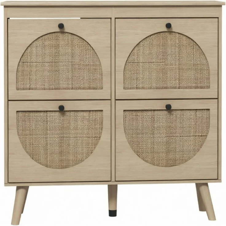 DESVIAE Garderobenschrank Schuhschrank Naturholz aus Spanplatte/Rattan – 105x97,5x24 cm – 4 Klappfächer – Bild 7