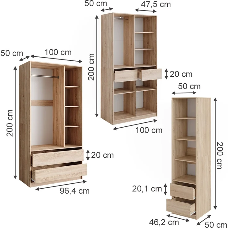 Kleiderschrank Elmo Sonoma 100 x 200 cm 3er Set Vicco – Bild 2