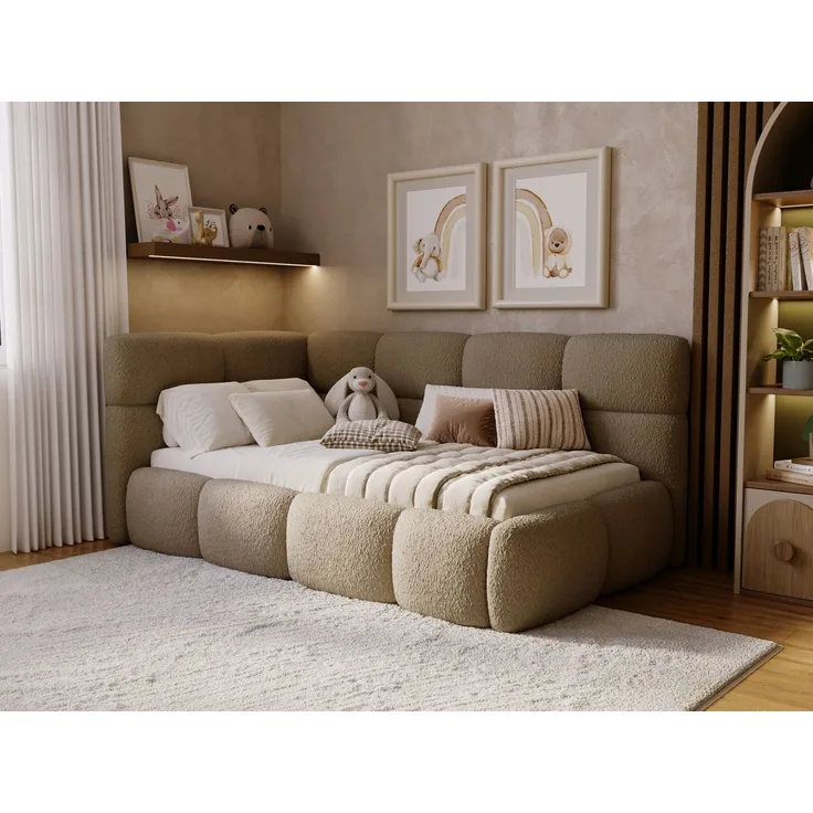 GRAINGOLD Modo One Jugendbett 90x200, Einzelbett mit Bettkasten, mit Lattenrost, Bouclé-Stoff, Rechts, Braun