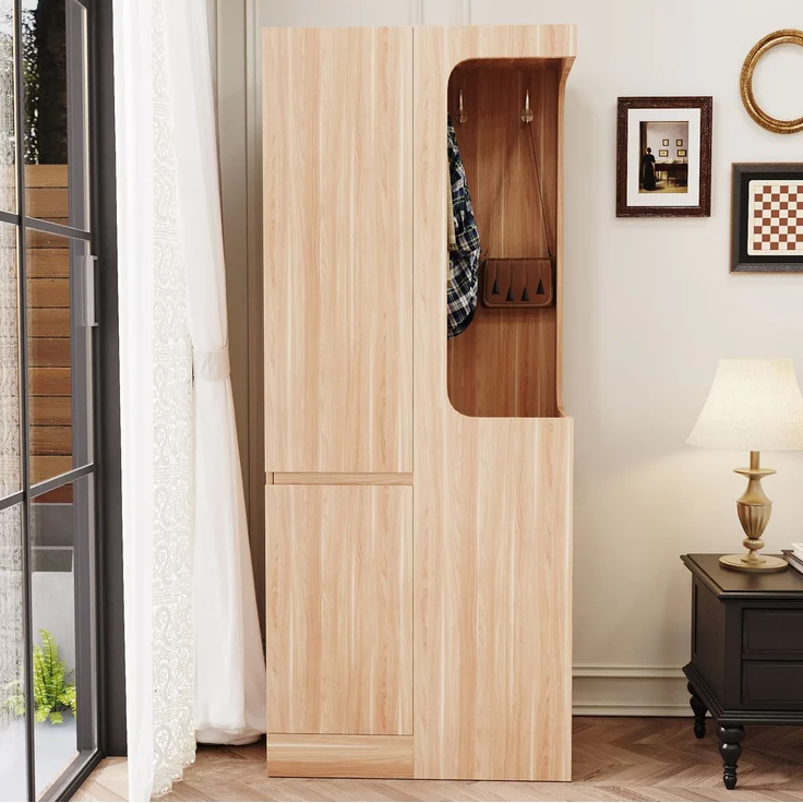 CHICFURN Kleiderschrank 70x170x40 cm aus Holz mit 4 Schubladen und offenem Hängefach Naturholz – Bild 4