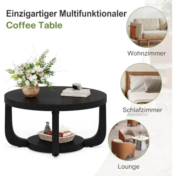 LITTLE TREE Runder Couchtisch 80 cm, 2-stöckiger Wohnzimmertisch mit Ablage | Landhausstil Kaffeetisch, Holz‑Optik Tisch für Wohnzimmer, Schlafzimmer und Lounge, Schwarz – Bild 6