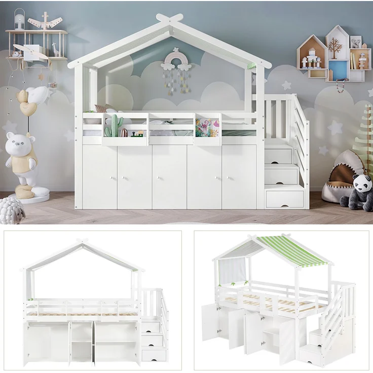 Merax Etagenbett, Kinderbett 90x200cm, mit Fallschutzgitter, 1 Kleiderschrank und 2 Schließfächer, mit 3 Schließfächer in der Treppe, gestreifter Stoff, Kiefer+MDF+Sperrholz, Weiß+Grün – Bild 6