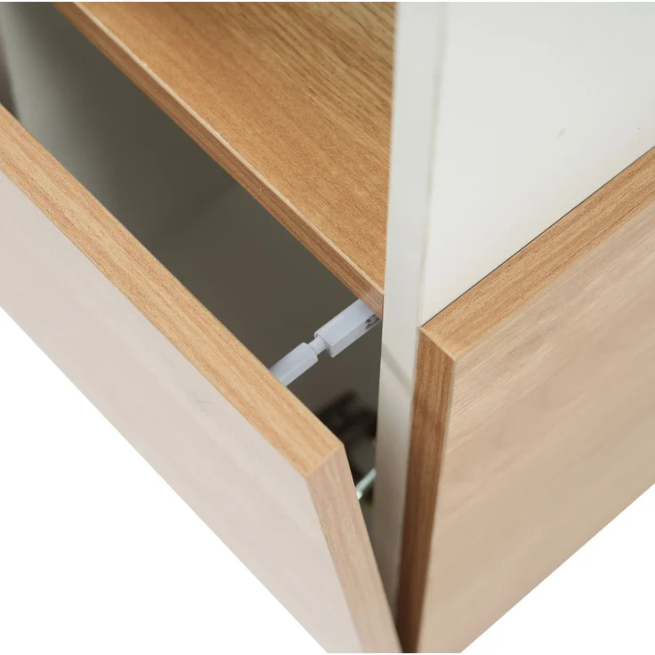 DESVIAE Sideboard mit 2 Schubladen und Klapptür, 130x70x40 cm, Spanplatte, Weiß Hochglanz/Helle Eiche – Bild 9