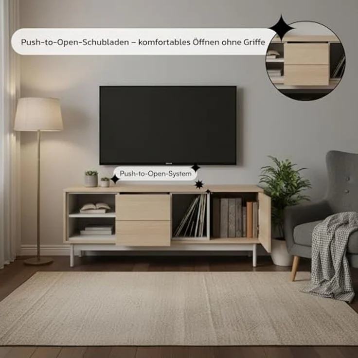 Selsey Tv Schrank - Modernes Tv Board Für Wohnzimmer, 138 cm, Lindberg-Eiche & Kaschmir, Stauraum Mit Schrank, 2 Schubladen, 3 Fächer, Hochwertiges Laminat, Metallfüße, Für Tv Bis 55 Zoll – Bild 7