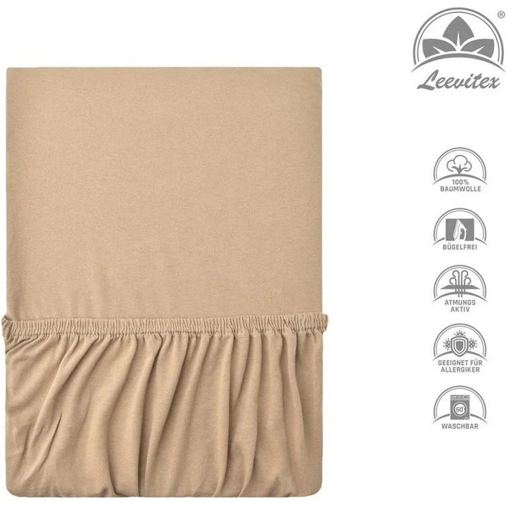 leevitex® Spannbettlaken, Premium 170g/m², Gummizug: rundum, schwer und dick, 100% Jersey-Baumwolle, Sand / Cappuccino, 90 x 200 - 100 x 220 cm – Bild 2