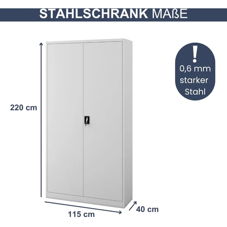 Aktenschrank abschließbar KADO - 6 Ebenen verstellbar, Flügeltüren | Metallschrank Werkstatt Mehrzweckschrank Büroschrank aus Stahl Werkzeugschrank, 220 x 115 x 40 cm Grau – Bild 2