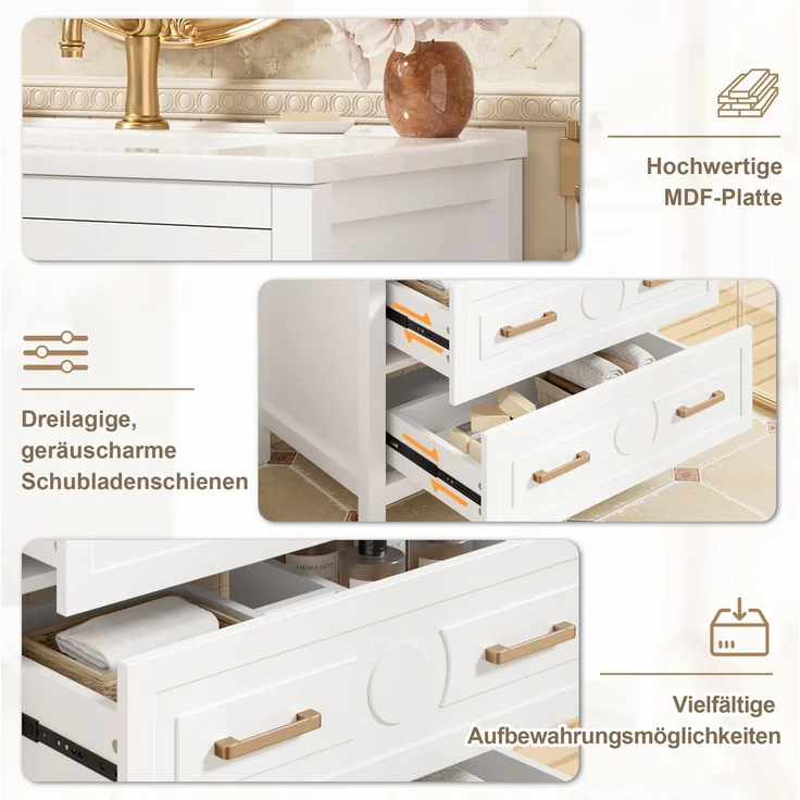 Waschtisch 76,5 x 47 x 82 cm, freistehend, weiß, mit Keramikbecken und 3 Schubladen – Bild 5