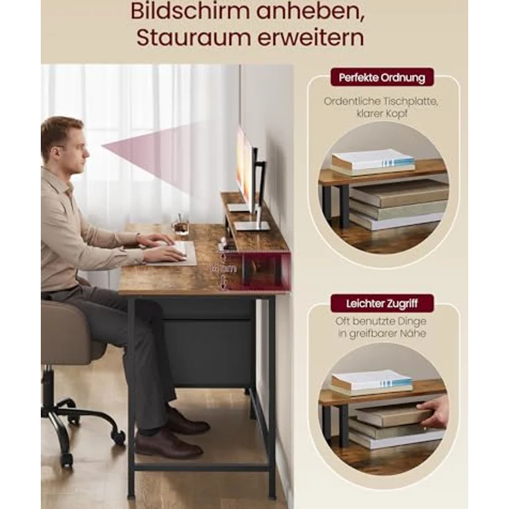 VASAGLE Gaming-Schreibtisch, mit Schubladen aus Stoff, Computertisch mit Bildschirmhalterung, Mehrfachsteckdose, 2 USB-Anschlüsse, für Heimbüro, 120 x 60 cm, rustikales Braun LWD093K01V1 – Bild 6