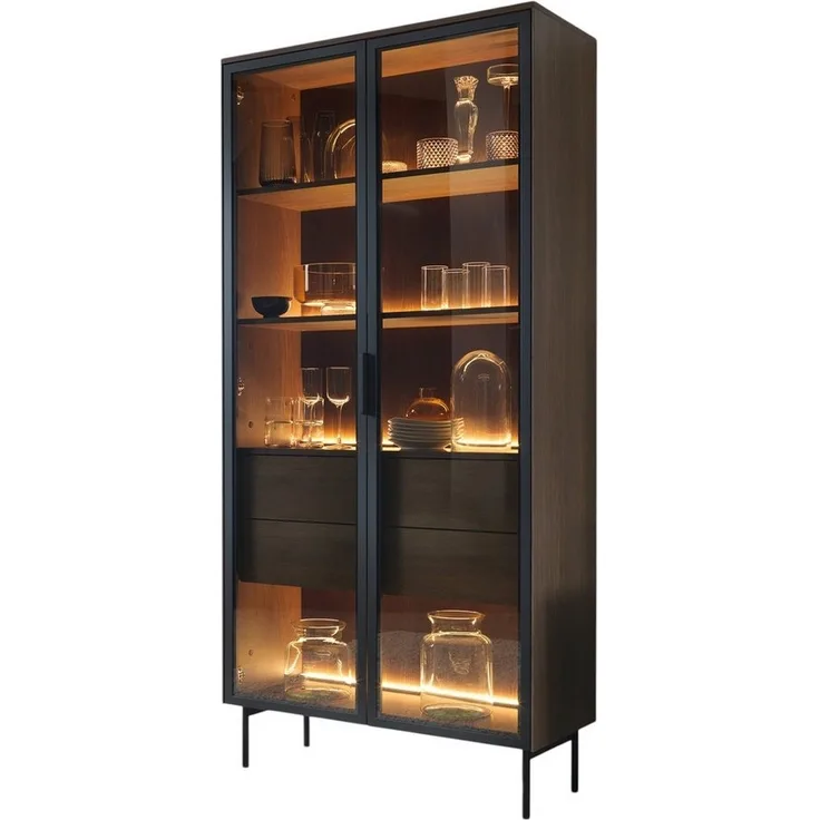Compleo Glasvitrine mit 2 Schubladen, zweiturig, Stimmungsvolle LED-Beleuchtung