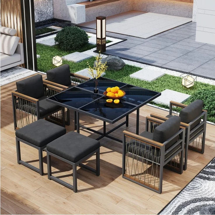 Celya Garten-Essgruppe 7-teiliges Esstisch- und Stuhlset für den Außenbereich für 6 Personen, (geeignet für Mahlzeiten im Hinterhof, Gartenterrasse), Tisch aus gehärtetem Glas, Handläufe aus Kunststoff und Holz – Bild 1