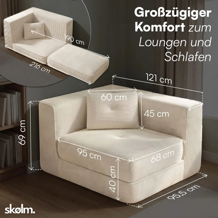 skølm 'Ránar' Ecksessel mit Liegefunktion und 1 Kissen, Sessel ausklappbar, vakuumverpackt ohne Aufbau, beige aus Cord – Bild 9