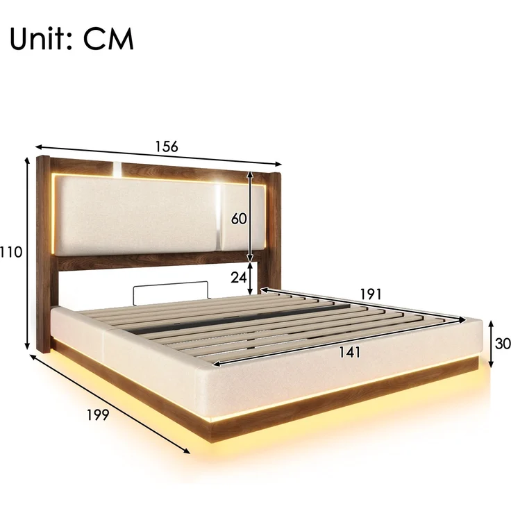 140x190 Doppelbett Polsterbett mit Lattenrost, LED & Bettkasten, Hydraulik, Leinen Beige & Walnuss, ohne Matratze – Bild 2