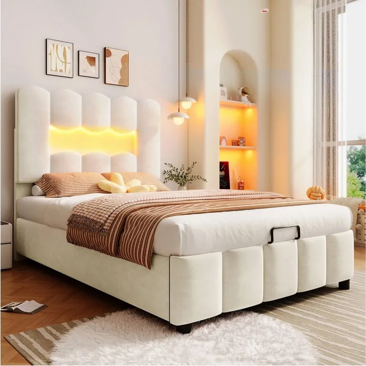 MODFU Polsterbett mit LED-Licht (Kinderbett mit hydraulischem Bettkasten & verstellbarem Kopfteil, Einzelbett, Samt 90x200 cm), Inklusive Matratze
