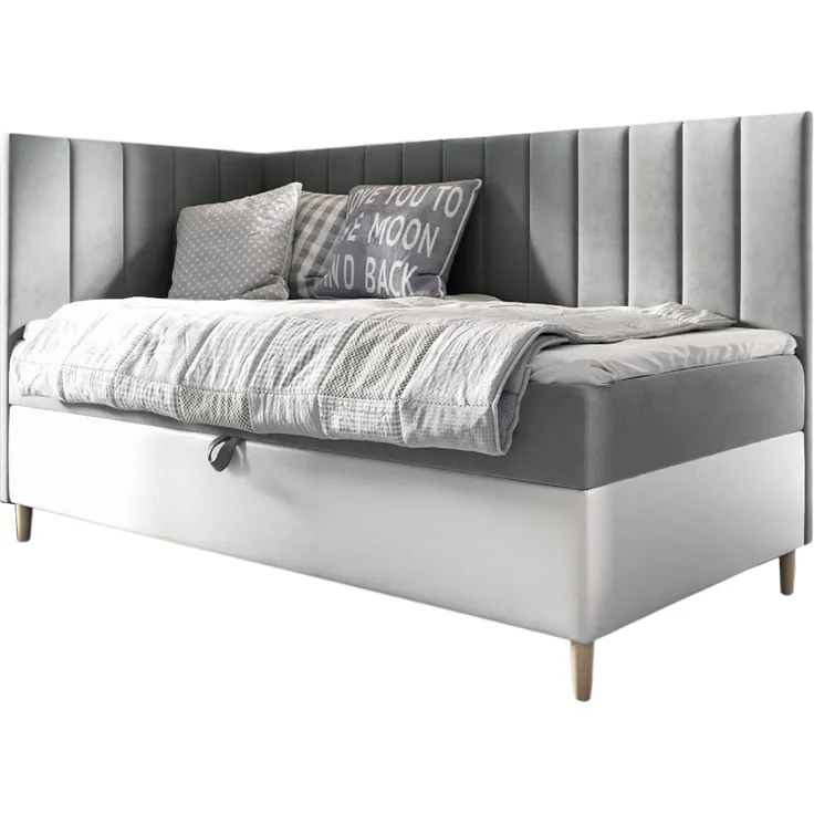 MEBLINI Kinderbett mit Bettkasten MAYA 3 100x200 Links – H3/Grau Samt Gepolstert Einzelbett mit Matratze - Polsterbett mit Stauraum - Bett mit Kopfteil – Stauraumbett