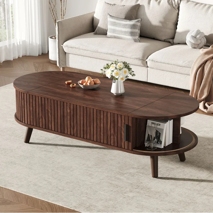 Couchtisch 120x50x39,5 cm, höhenverstellbar, mit verstecktem Stauraum, Nussbaum, MDF – Bild 4