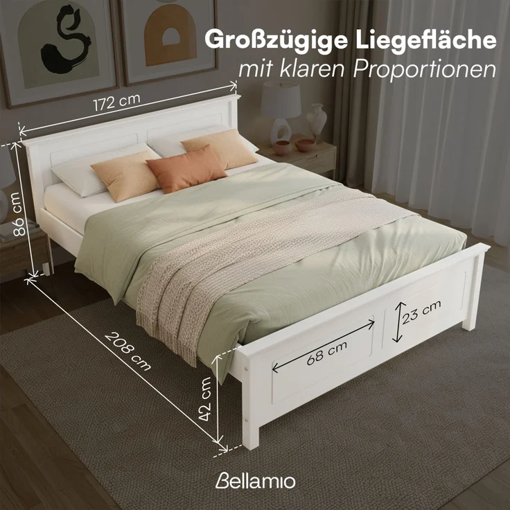 Bellamio 'Medje' Bett 160x200 cm in Kassettenoptik, Kiefer, weiß lackiert, Holzbett im Landhausstil mit Lattenrost, geeignet als Doppelbett – Bild 8