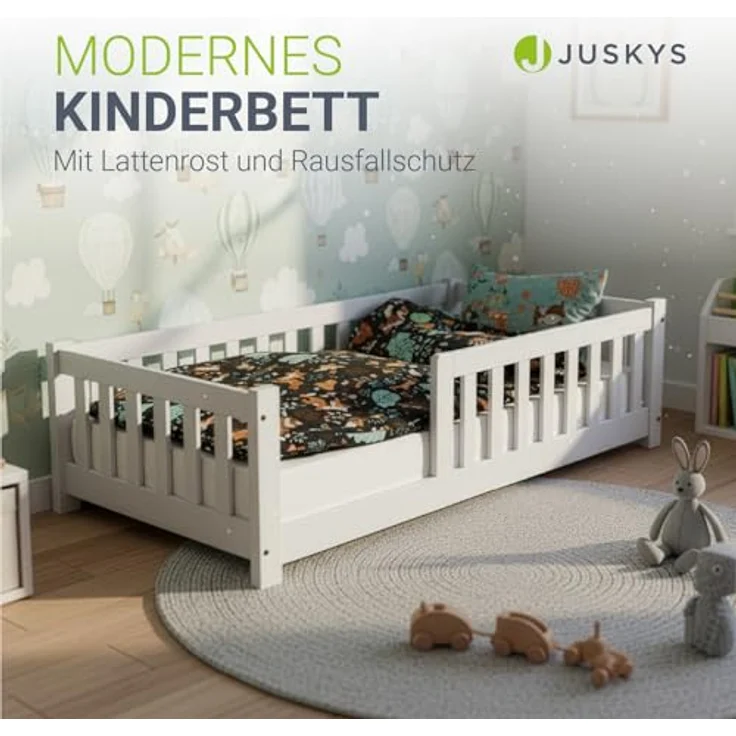 Juskys 'Naya' Kinderbett - mit Matratze, Rausfallschutz & Lattenrost - Bodenbett für Kinder 3 -10 Jahre - Holz Weiß, 80x160 cm – Bild 7