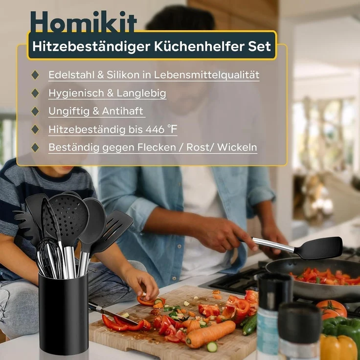 Küchenhelfer Set 10-tlg. Silikon Kochutensilien Edelstahlgriff Schwarz – Bild 3