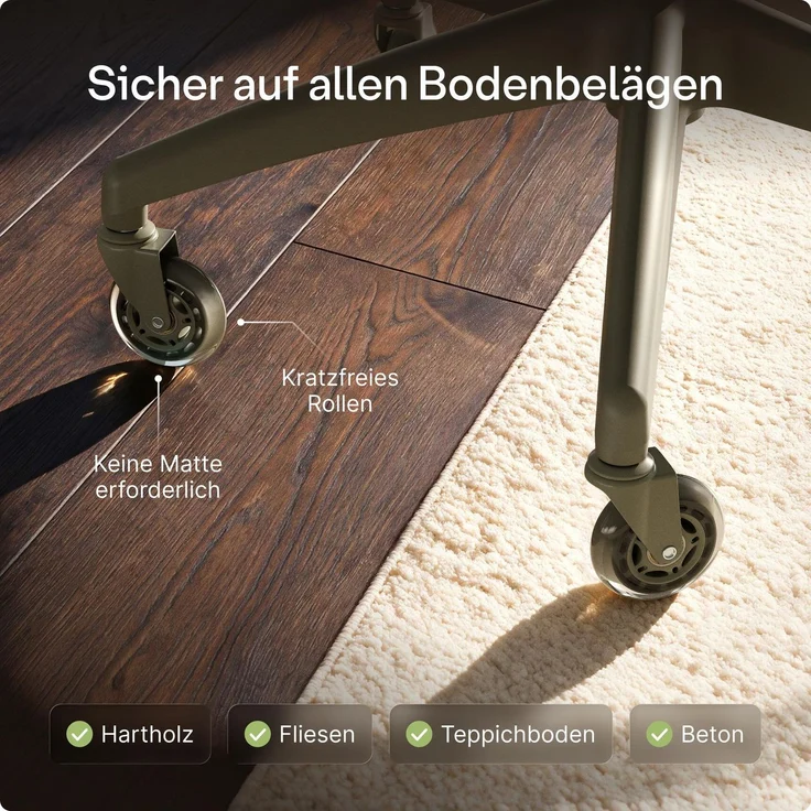 Desktronic Bürostuhlrollen Grün, Ersatzrollen 360°, Set 5 Stück, Ersatzräder für Bürostühle auf Teppich- und Parkettböden – Bild 3