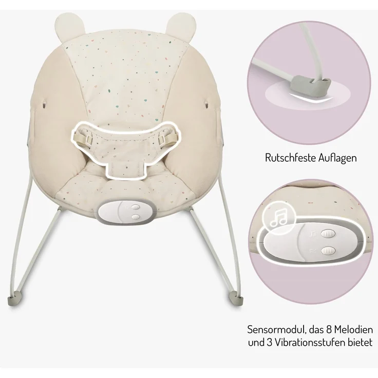 MoMi GLOSSY Babywippe für Babys bis 9 kg, 3-Punkt-Sicherheitsgurt, Metallgestell mit Antirutsch-Füßchen, Gewicht 1,7 kg, Abmessungen 58 x 49 x 53 cm, sensorisches Modul für Kinderförderung – Bild 4