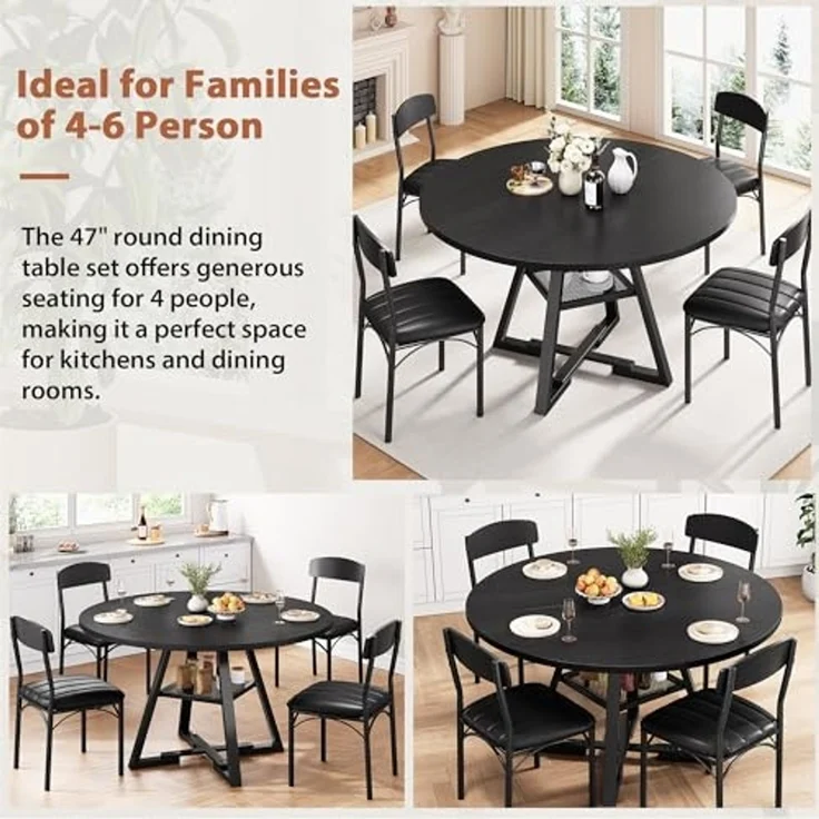 Jocoevol Runder Esstisch und 4 Esszimmerstühle Set, Essgruppe 5-Teilig, Esszimmertisch mit Ablage und 4 stühle, platzsparender Küchentisch aus Holz im Industrial Design (Schwarz, 120 x 120 x 76 cm) – Bild 5