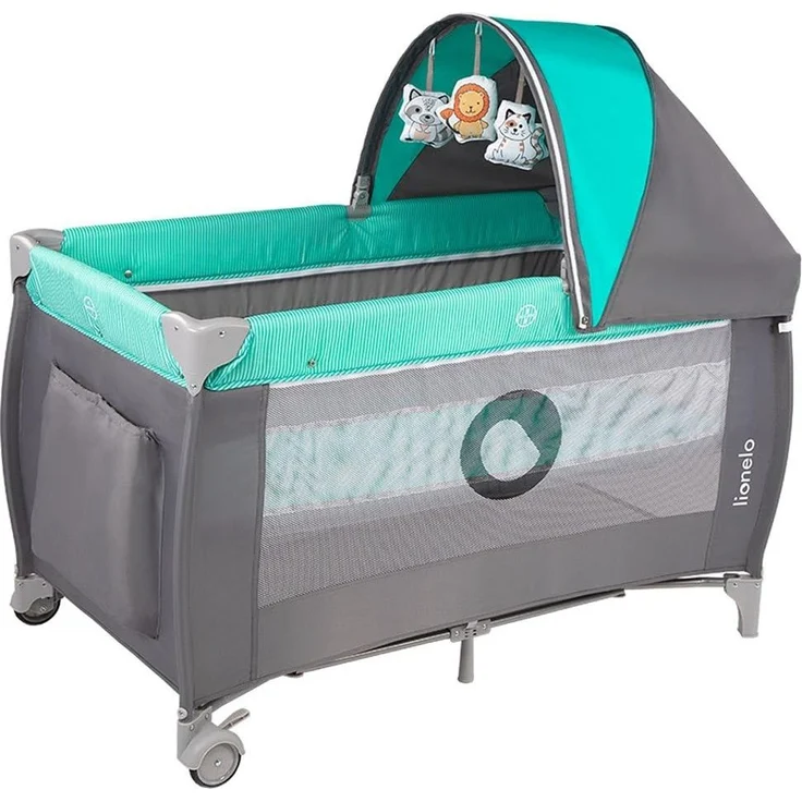 Lionelo Sven Plus 2 in 1 Baby Bett Laufstall Baby ab Geburt bis 15 kg Wickelauflage Moskitonetz luftige Seitenwände mit Seiteneingang Tragetasche zusammenklappbar (Türkis-Grau) – Bild 3