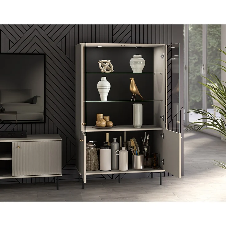 Lomadox 'Salou' Vitrinenschrank, Holz kaschmir matt, 151 x 40 x 92 cm – Bild 3