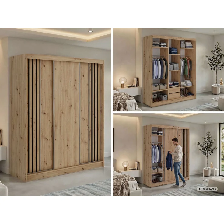 Schwebetürenschrank NAURU mit Lamellen-Optik, moderner Kleiderschrank, Breite 180 cm, inkl. Innenausstattung & Stauraum, Akustikpaneel-Design - Eiche Artisan und Schwarz - mit Schubladen – Bild 2