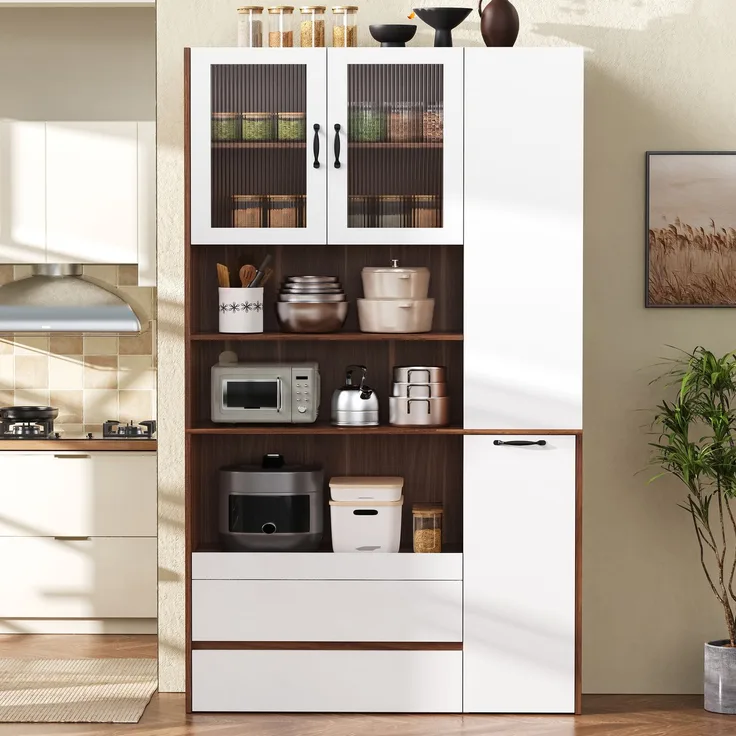 Highboard mit verstellbaren Regalböden und Schubladen, Buffetschrank mit ausziehbaren Regalböden und Riffelglas , Ideal für Esszimmer, Wohnzimmer und Küche (Weiß+Nussbaum)
