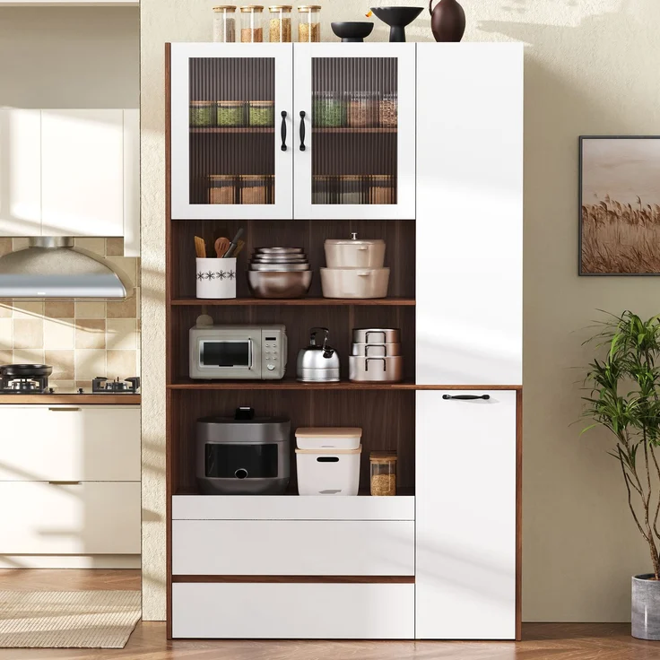 Highboard mit verstellbaren Regalböden und Schubladen, Buffetschrank mit ausziehbaren Regalböden und Riffelglas , Ideal für Esszimmer, Wohnzimmer und Küche (Weiß+Nussbaum) – Bild 1