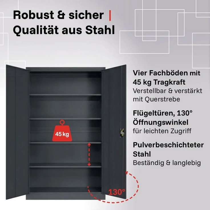 LagerZwei Aktenschrank Stahlschrank 140x90x40 cm (1-St) 3-fach verriegelt, 4 höhenverstellbare Böden, Flügeltüren 130° – Bild 2